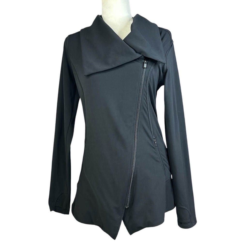 Athleta Blissout Jacket Small Black Moto Asymmetrical Thumbholes Pockets - Picture 2 of 15